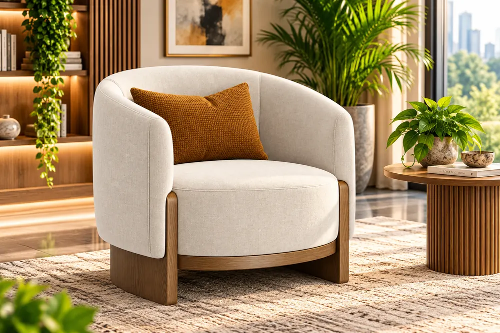 Ivory barrel lounge chair with walnut base