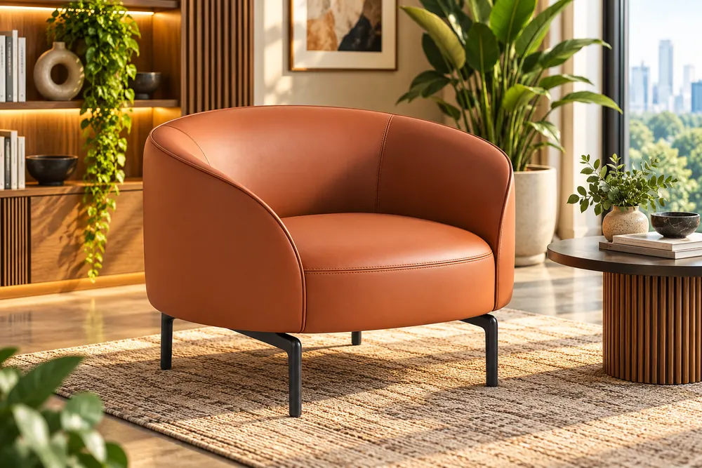 Cognac leather tub chair in a sunlit living room